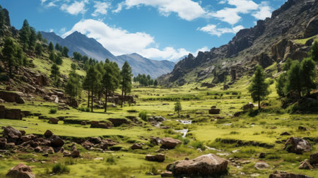 Mountain landscape with a small river in the foreground, Kyrgyzstanの素材