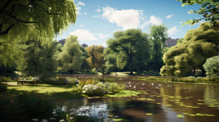 Beautiful landscape in the park with pond and green trees, panoramaの素材