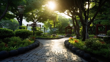 Beautiful landscape of japanese garden in the morning with sunlight.の素材