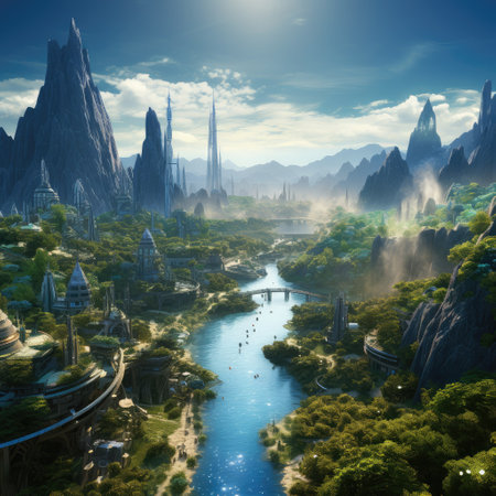 Fantasy landscape with river and high mountains. 3D rendering.の素材