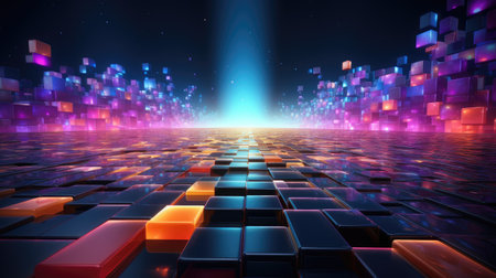 3d render, abstract background with glowing cubes and rays of lightの素材