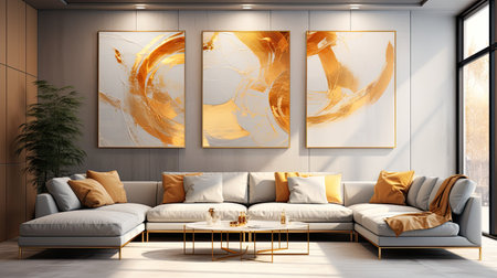 Interior of modern living room with white walls, concrete floor, brown sofa and coffee table with gold cushions. 3d renderingの素材