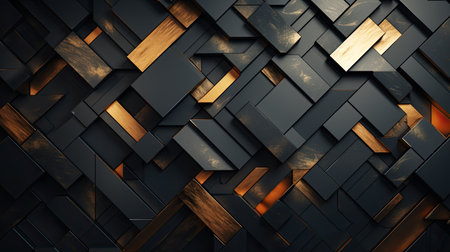 3d rendering of abstract geometric shapes in black and gold colors.の素材