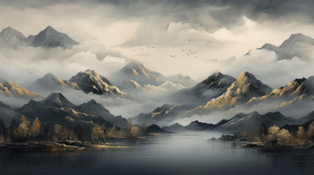 Fantasy landscape with lake and mountains in the clouds. Digital paintingの素材