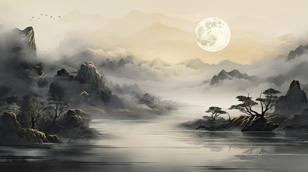 Fantasy landscape with mountains and lake in full moon light. Digital painting.の素材