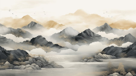Mountain landscape with lake and cloudy sky. Digital art painting.の素材
