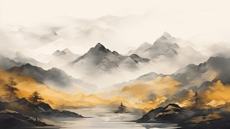 Digital painting of a lake and mountains in a foggy day.の素材
