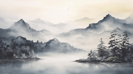 Foggy landscape with mountains and lake. Digital painting illustration.の素材