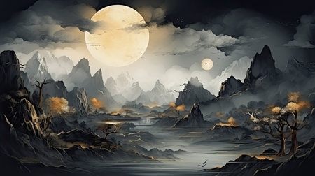 Fantasy landscape with mountains, river and moon. Digital painting.の素材