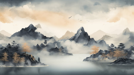 Mountain landscape with lake and forest in fog. Digital painting.の素材