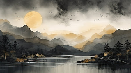 Illustration of a lake in the mountains in the evening with a full moonの素材