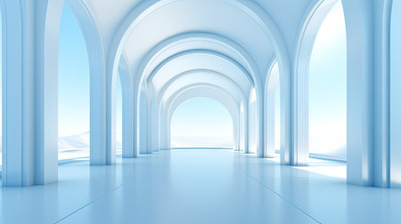 3d render of a corridor with arches and blue sky backgroundの素材