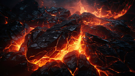 Burning coal in the night. Close-up. 3D renderingの素材