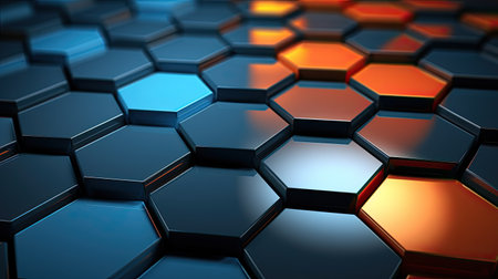 3d rendering of abstract background with hexagons in blue and orangeの素材