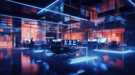 3d rendering of modern office interior with computers and neon lights.の素材