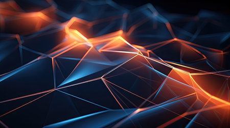 Abstract 3d rendering of chaotic polygonal shape. Futuristic background with glowing particles.の素材