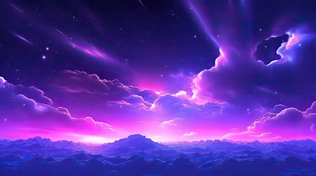 Fantasy night sky with clouds and stars. 3D illustration.の素材
