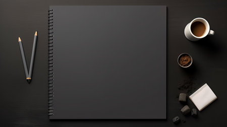 Design concept - top view of black notepad, coffee cup and pencil on black background for mockupの素材