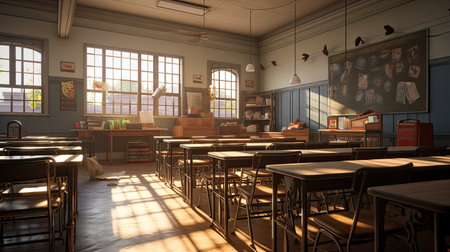 3d rendering of an old school cafeteria with tables and chairs in itの素材