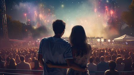 Back view of young couple standing in front of crowd at music festivalの素材