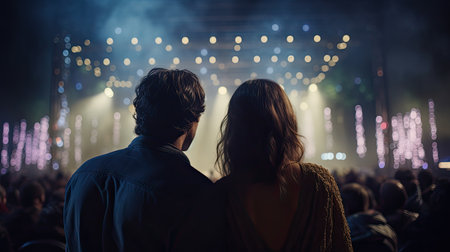 Crowd at concert, back view. Back view of young couple standing in front of stage lights and looking at camera.の素材