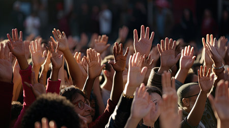 Group of people raising their hands in the air at a music festivalの素材