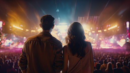 Back view of young couple standing back to back and looking at concert stageの素材