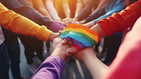 LGBTQ community concept. Group of people holding hands together with rainbow flag.の素材
