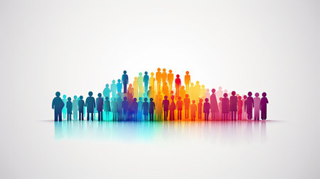 Colorful group of people standing on white background. Vector illustration.の素材