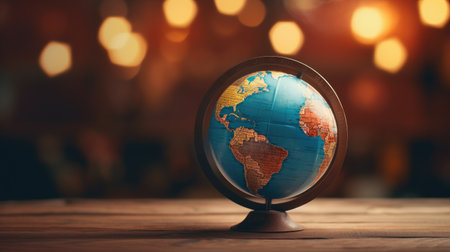 Foto de Globe on wooden table with bokeh light background. vintage tone - Imagen libre de derechos