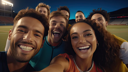 Group of happy friends taking selfie with smartphone while standing together on stadiumの素材