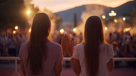 Back view of two young women clapping hands in front of the concert hallの素材