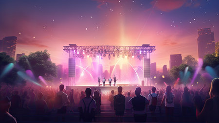 Concert crowd in front of a stage with lights and spotlightsの素材