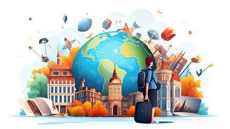 Traveling around the world concept. Cartoon vector illustration of travel around the world.の素材