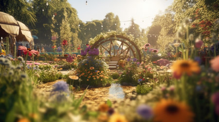 Flower garden with water wheel and colorful flowers in summer. 3D rendering.の素材