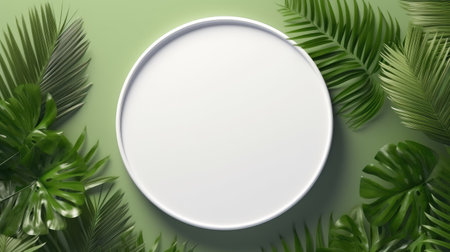 3d render of round white plate with palm leaves on green backgroundの素材