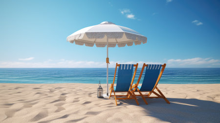 Beach chair with umbrella on the sandy beach. 3d renderの素材
