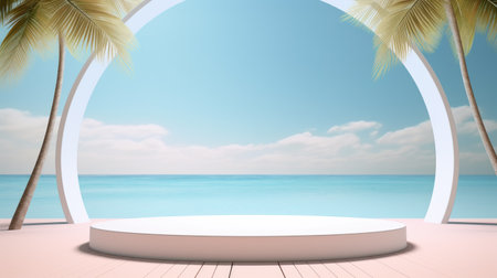 3D render of a white podium on a wooden floor with palm trees and the sea in the backgroundの素材