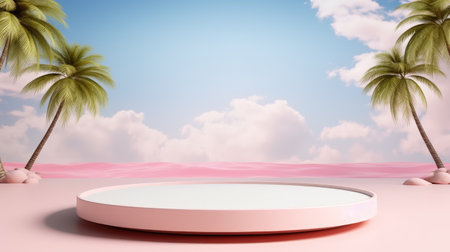 3d render of pink minimal geometric podium platform with palm trees and sky background.の素材