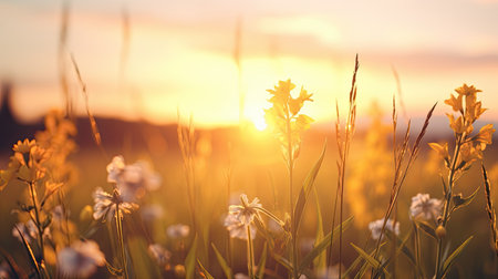 Sunset over the meadow with wildflowers. Shallow depth of fieldの素材