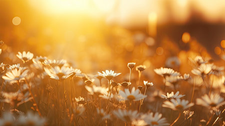 Field of daisies at sunset. Beautiful nature scene with flowers.の素材