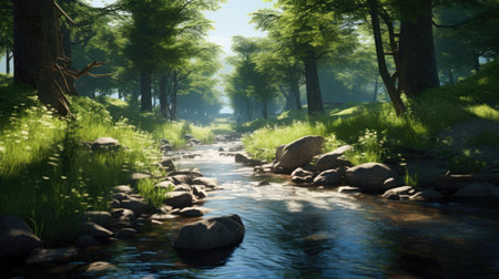 Beautiful landscape image of a river flowing through a green forest during daytimeの素材