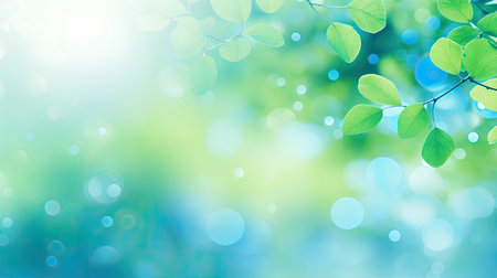 Fresh green leaves on bokeh background. Spring or summer conceptの素材