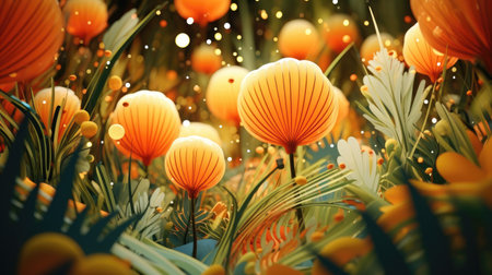 3D illustration of fantasy flowers in the grass with bokeh effectの素材