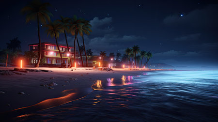 Night beach with palm trees and bungalows, 3d renderの素材