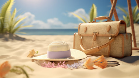 Straw hat, beach bag, sunglasses and flip flops on the sandの素材