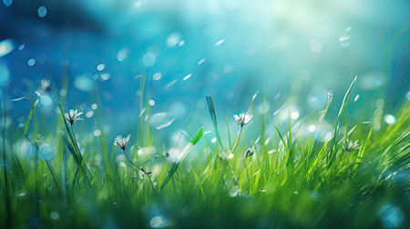 Fresh green grass with dew drops and flowers. Nature background.の素材
