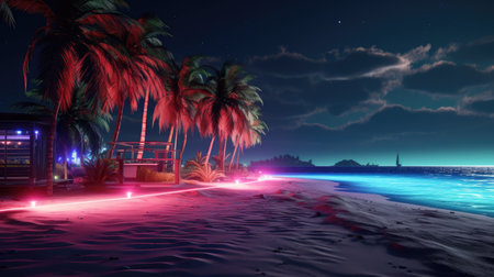 Tropical beach with palm trees at night. 3d renderingの素材