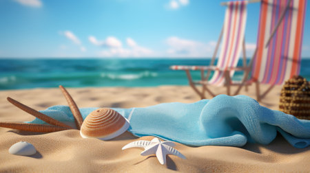 Summer beach background with blue towel and seashells. 3d renderingの素材