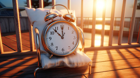 Alarm clock and pillow on the balcony at sunset. Time conceptの素材